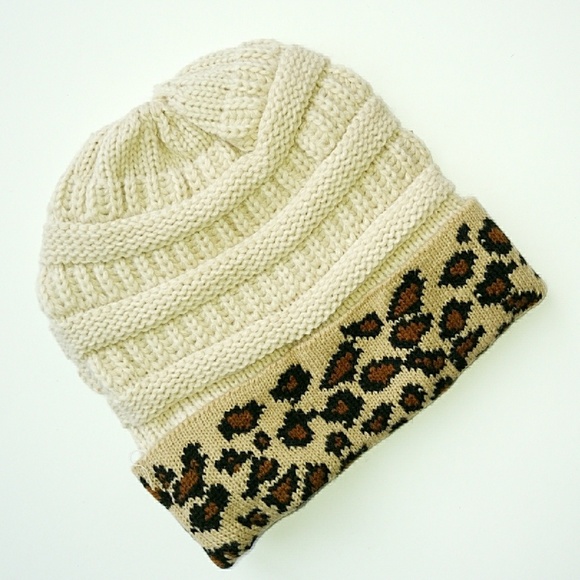 LAST ONE! Leopard Cheetah Animal Print Trim Knit Beanie Hat - Picture 2 of 5